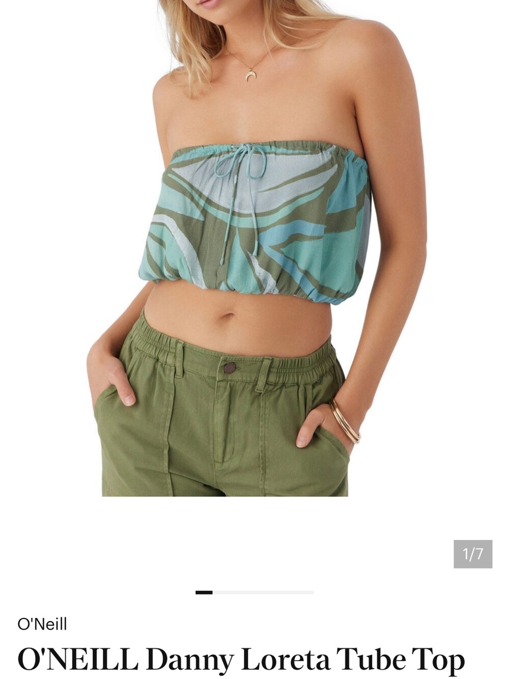 O'Neill Teal and Olive Strapless Printed Tube Top